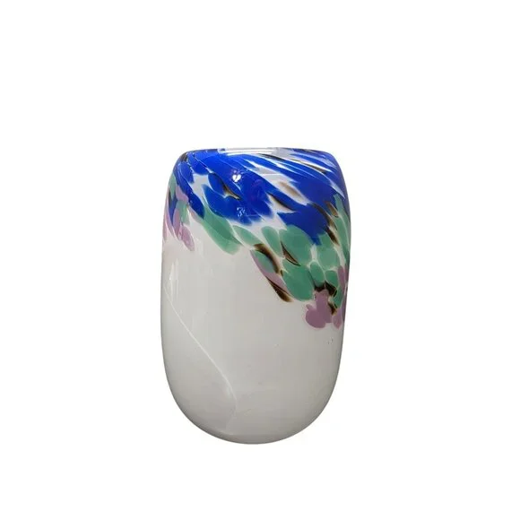 Hand Blown Vintage Art Glass Blue Swirl Glass Vase Signed Jon Silverman 7”
